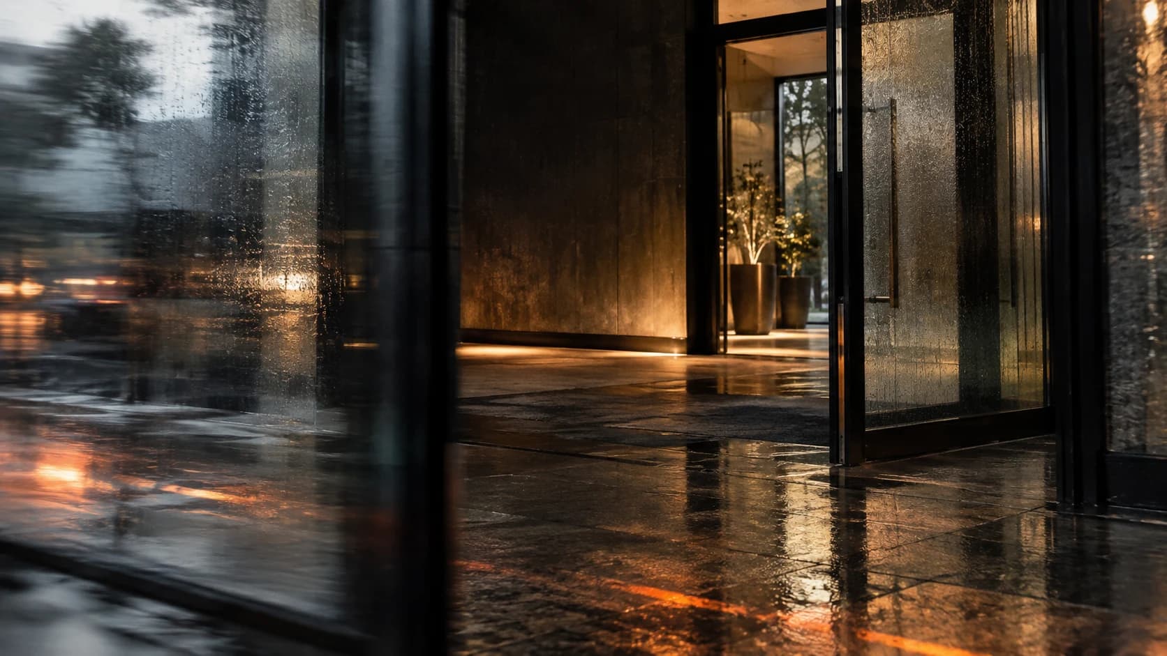 Rain-softened glass and a warm architectural threshold captured in motion