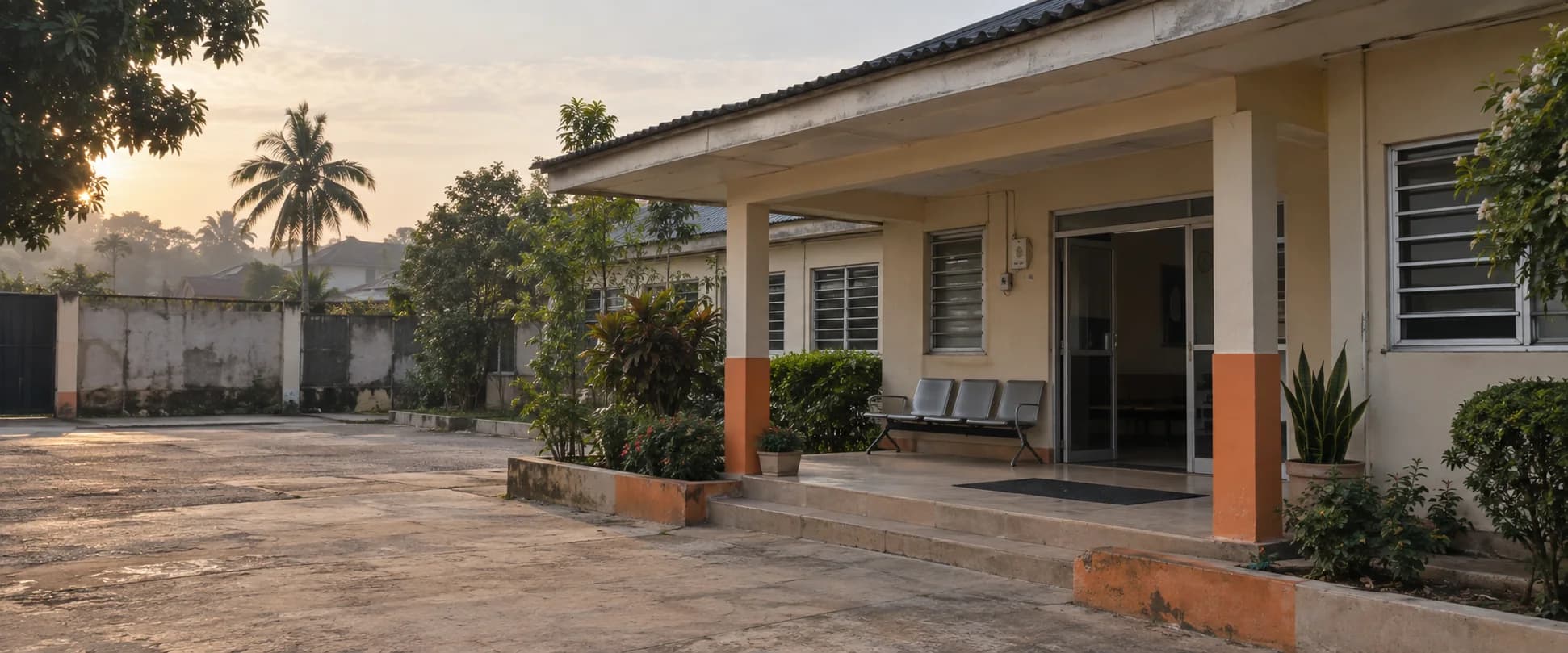 A well-kept Nigerian neighbourhood clinic at dawn