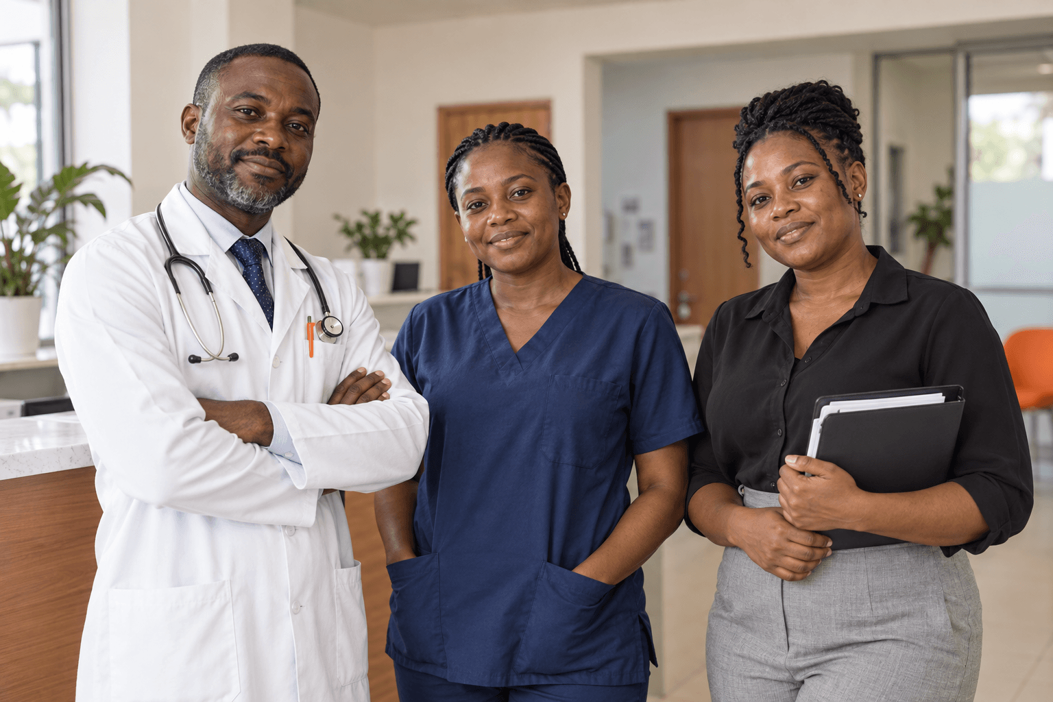 A Nigerian doctor, nurse, and clinic administrator working together