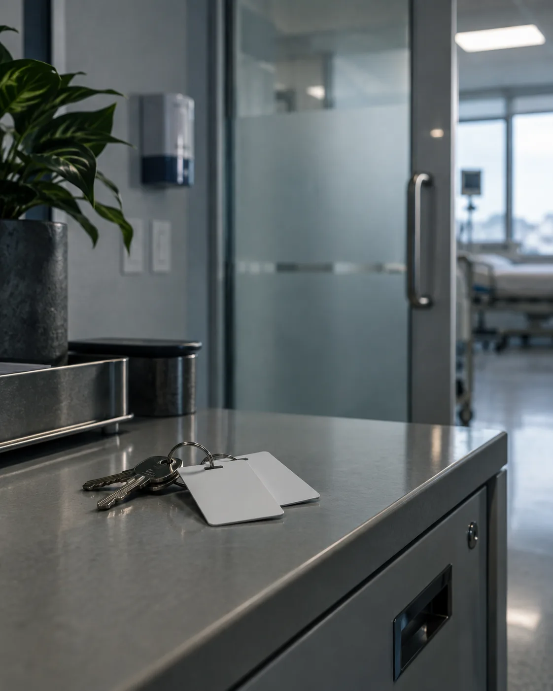 Two plain access cards and keys on a hospital administration credenza