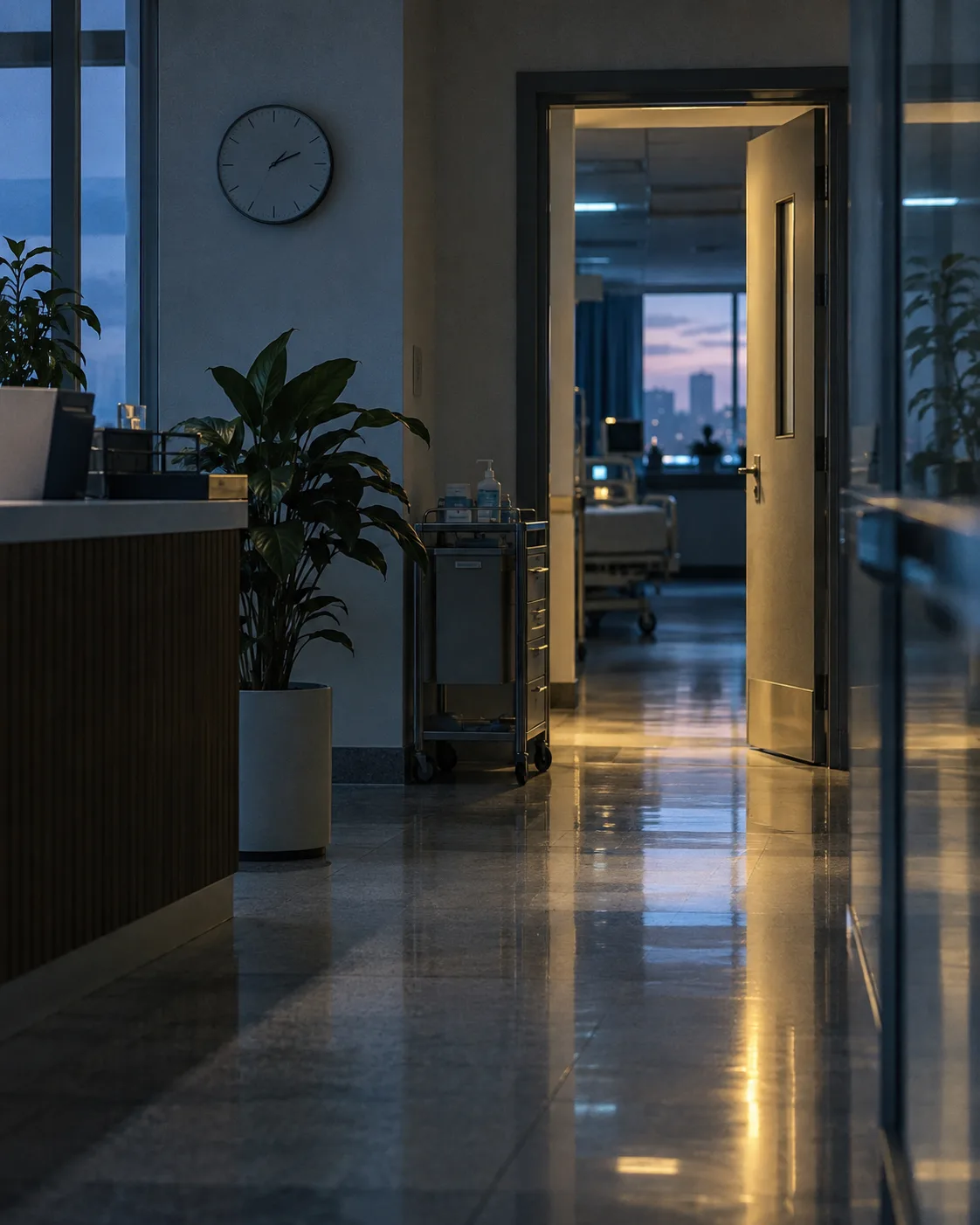 Open hospital administration doorway reflected on a polished floor at dusk