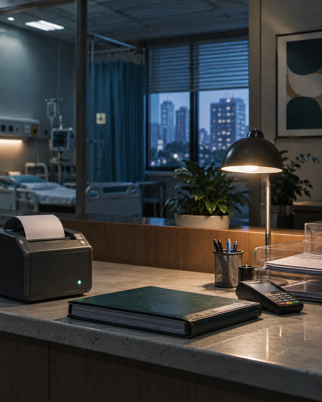 Payment terminal, closed ledger, and receipt printer in a hospital finance office