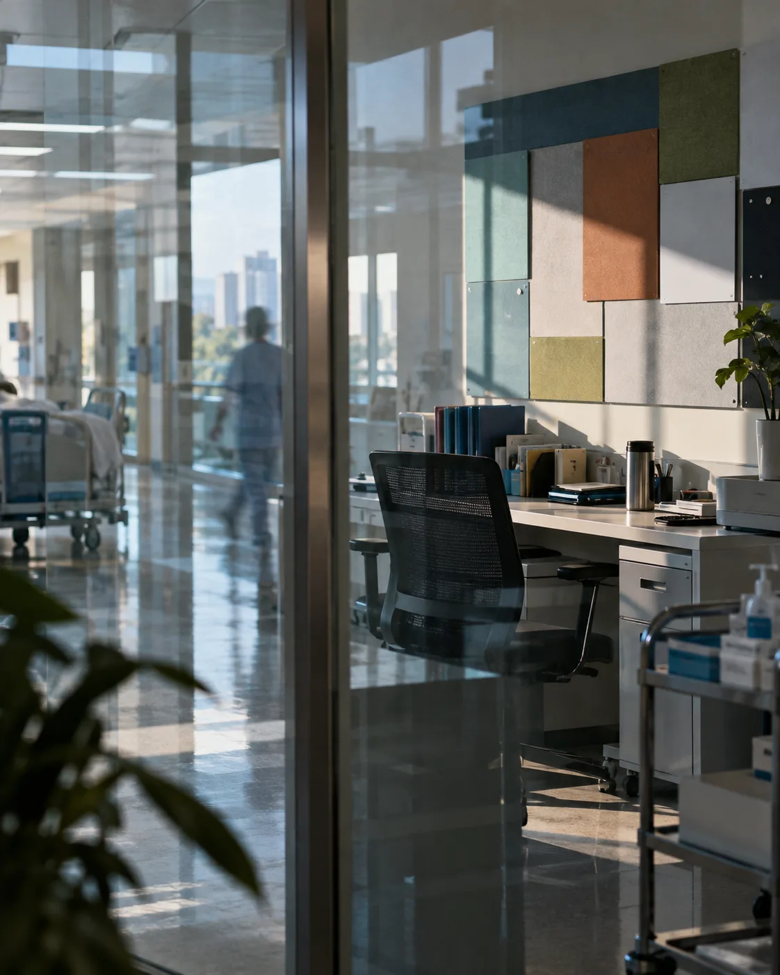 Abstract operations board seen through reflective office glass