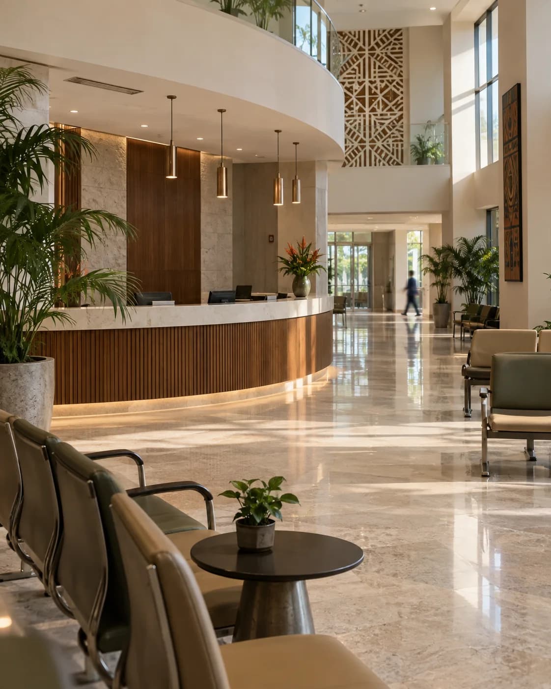 Quiet hospital reception prepared for morning arrivals