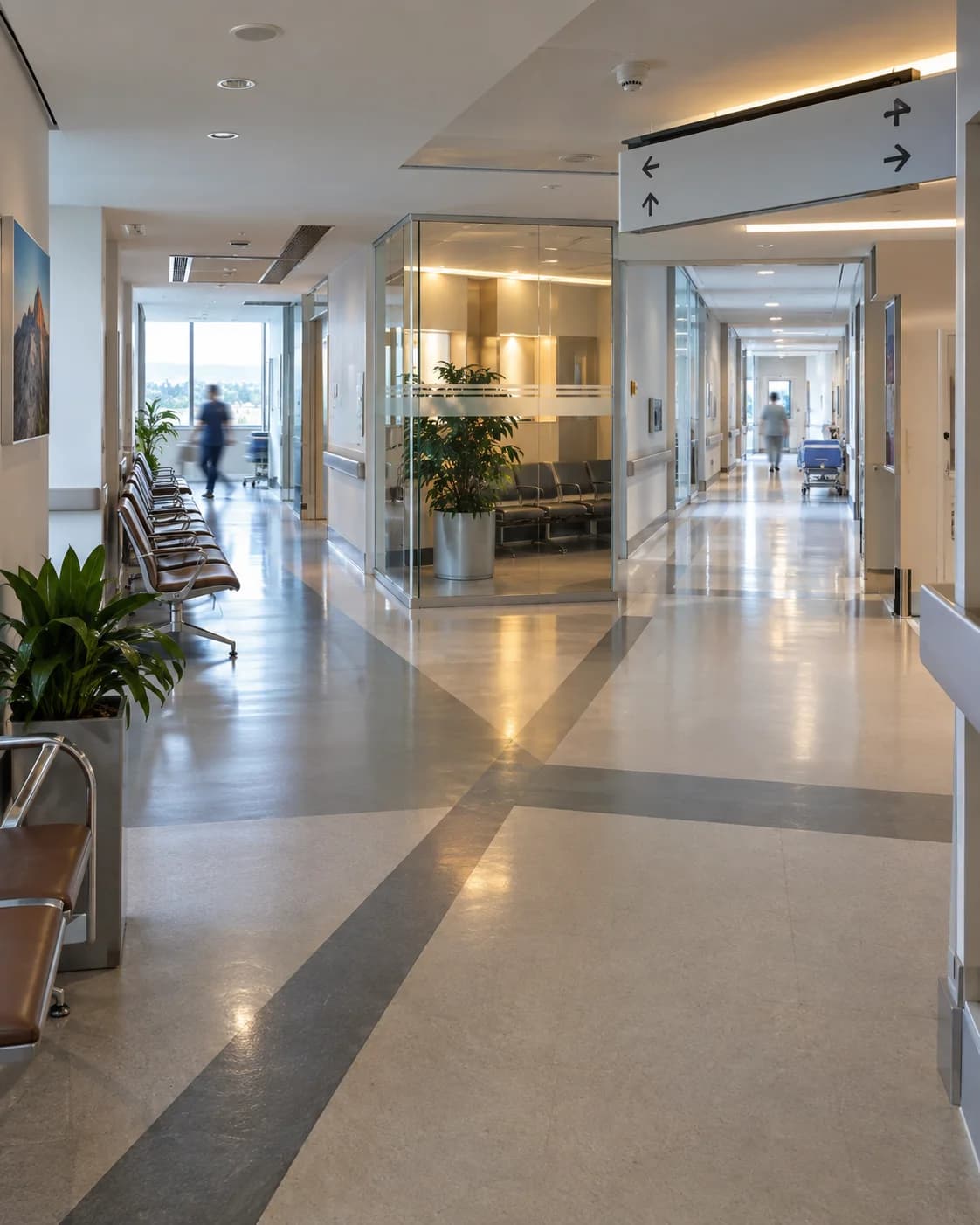 Branching hospital corridors suggesting visible patient flow