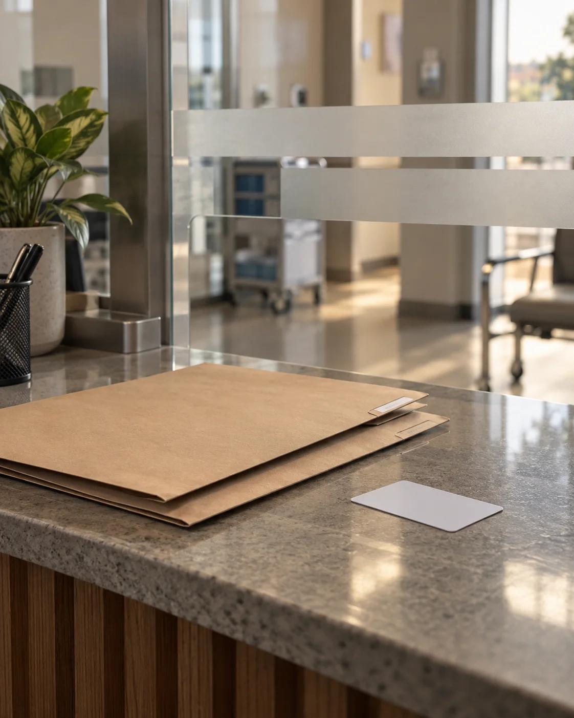 Plain record sleeves arranged at a hospital records counter