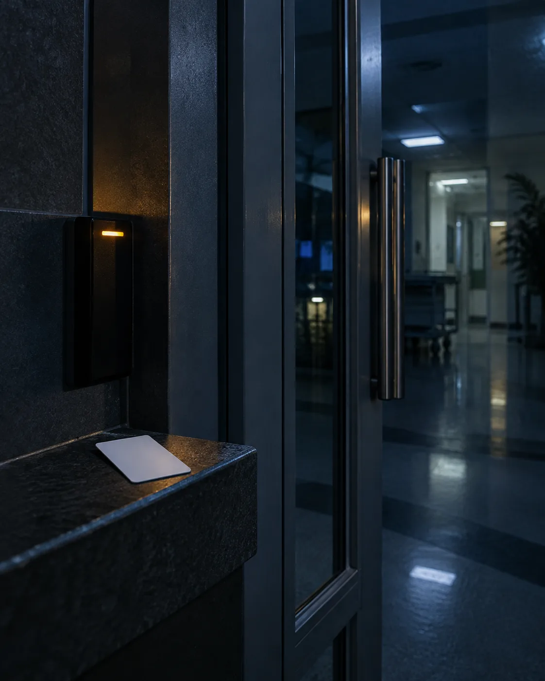 Plain access card beside a softly lit hospital doorway