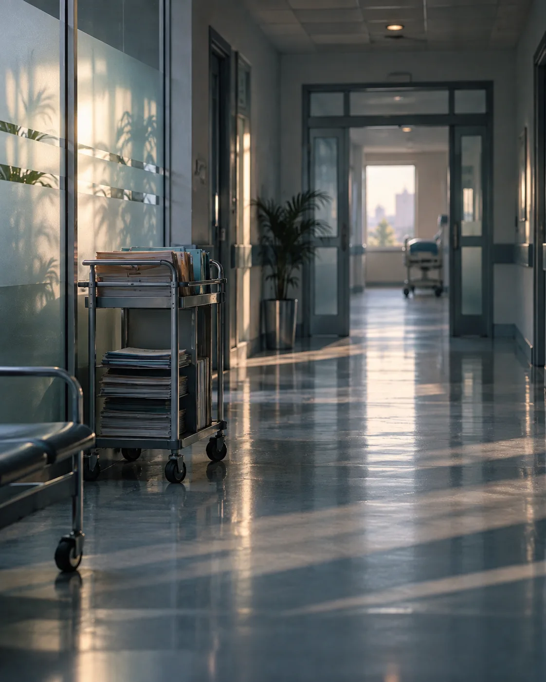 Empty hospital corridor with a records trolley beside frosted glass