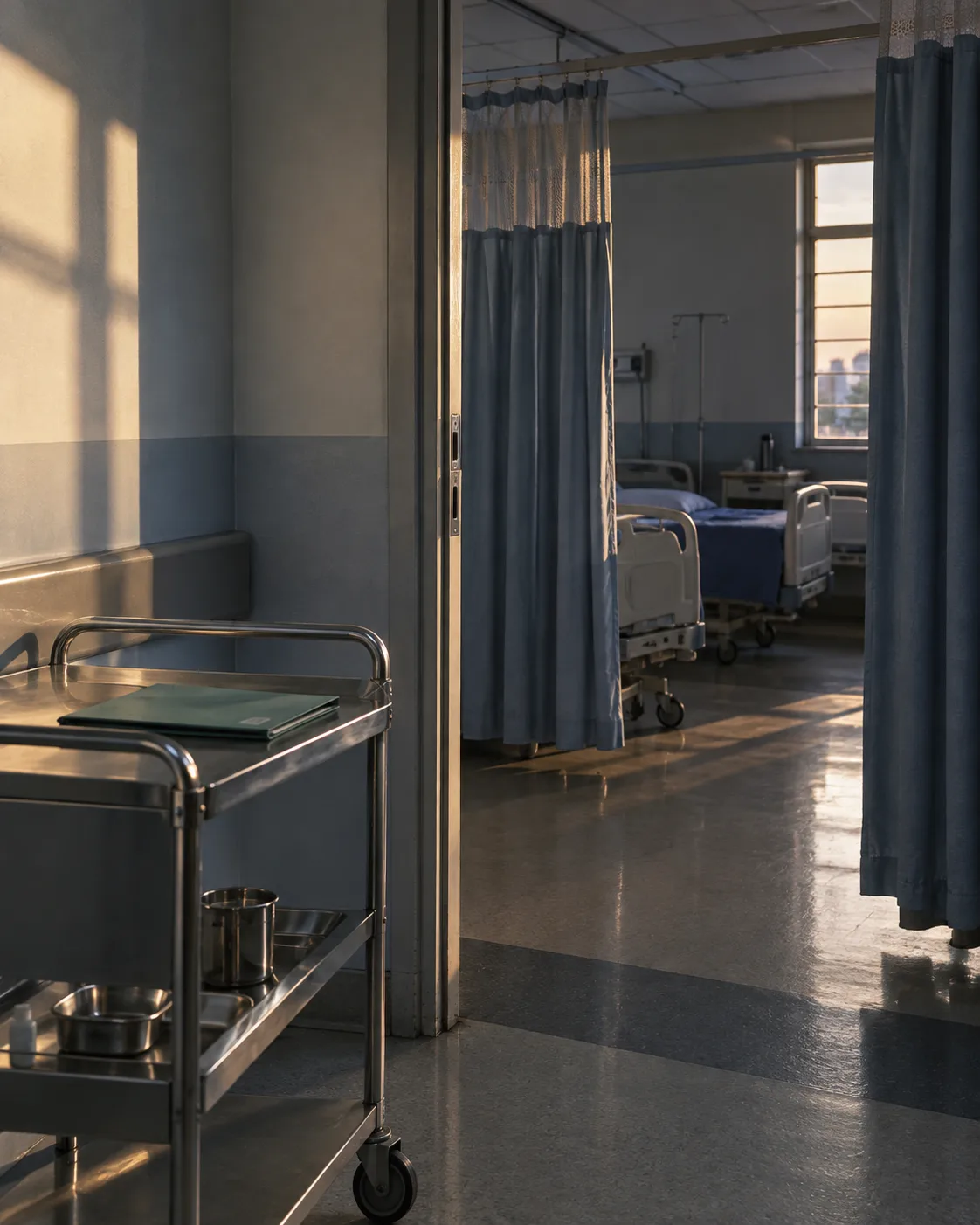 Empty handover trolley beside privacy curtains at a ward entrance