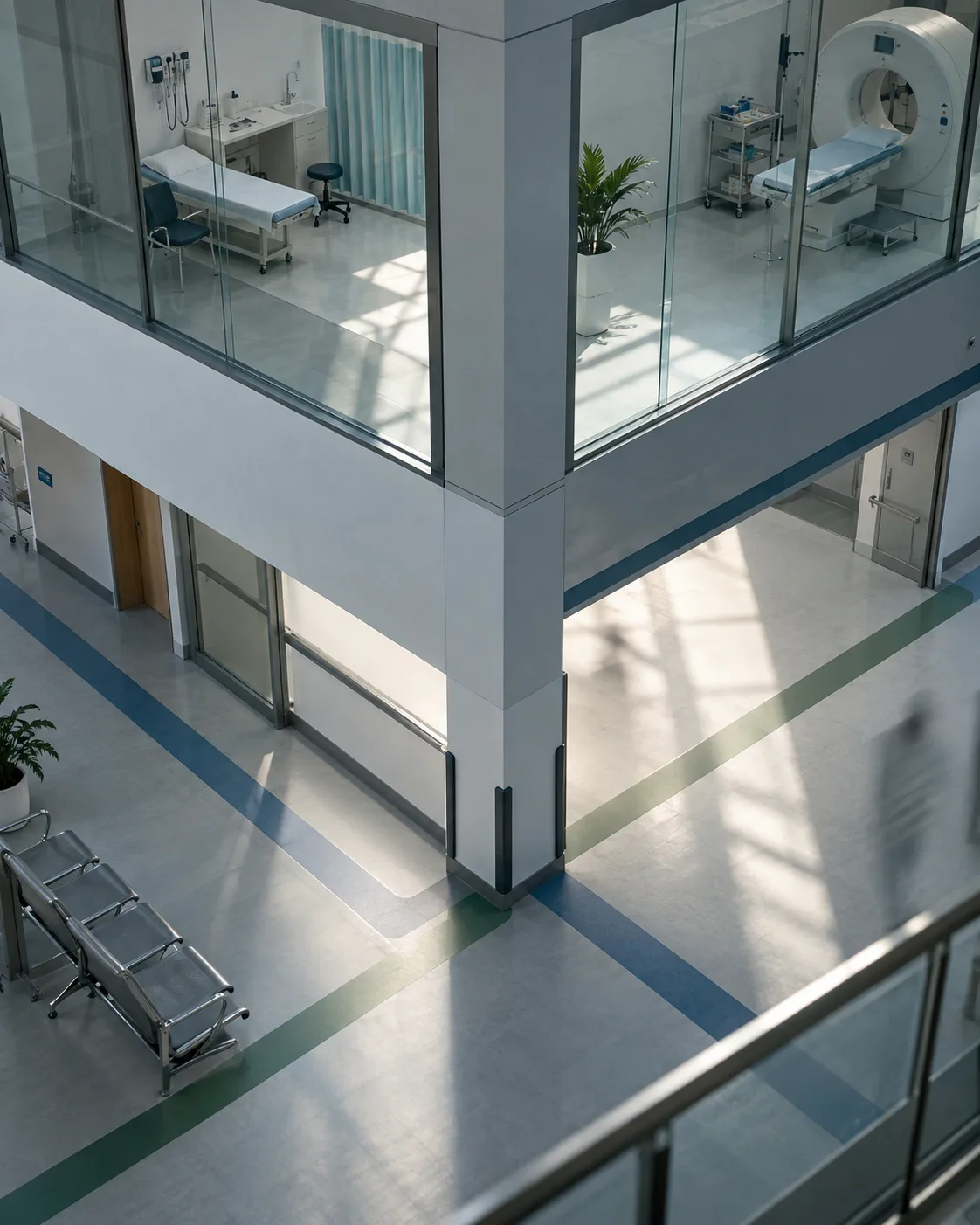 Intersecting hospital corridors linking clinical departments