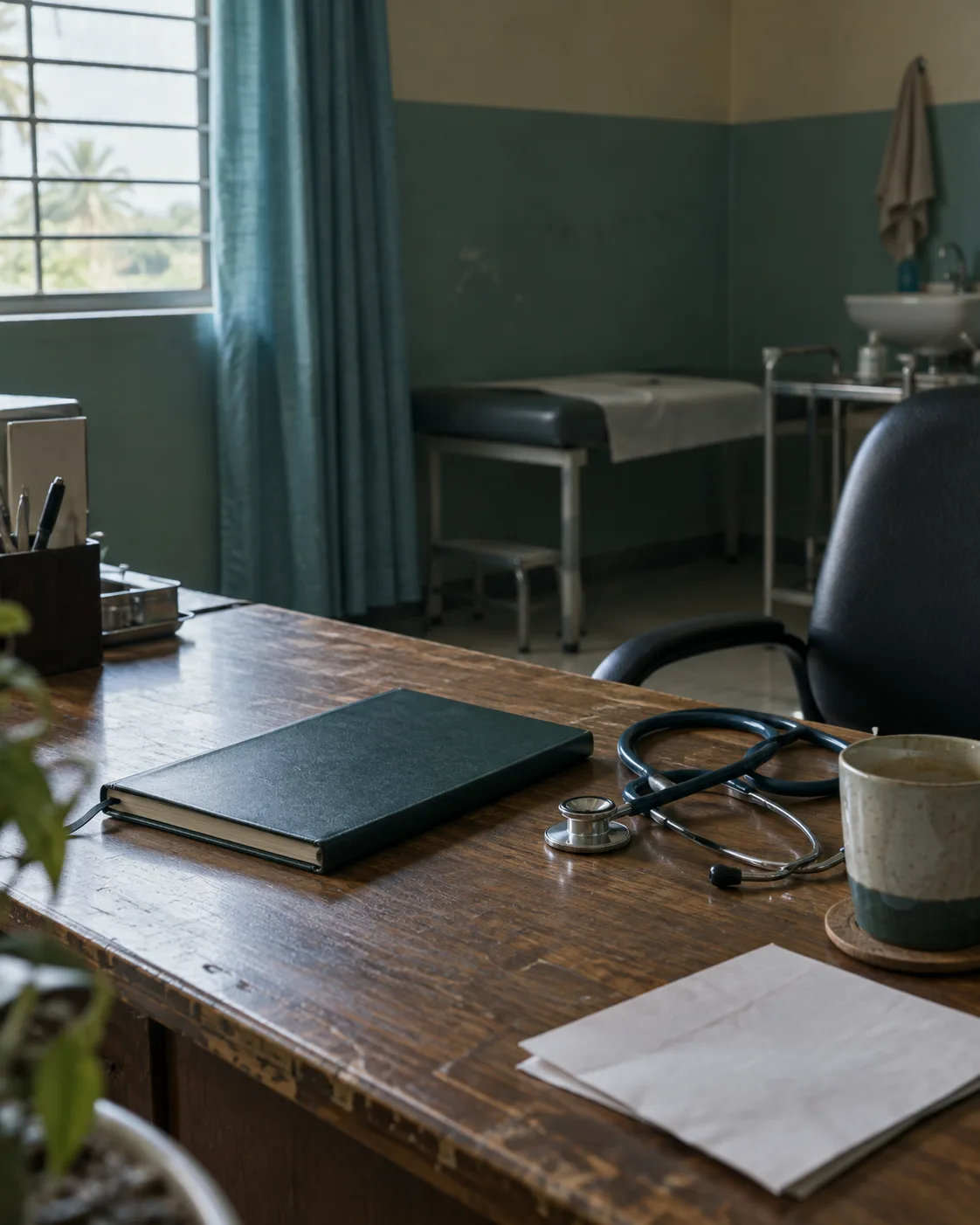 Notebook and stethoscope on a desk in an empty consultation room
