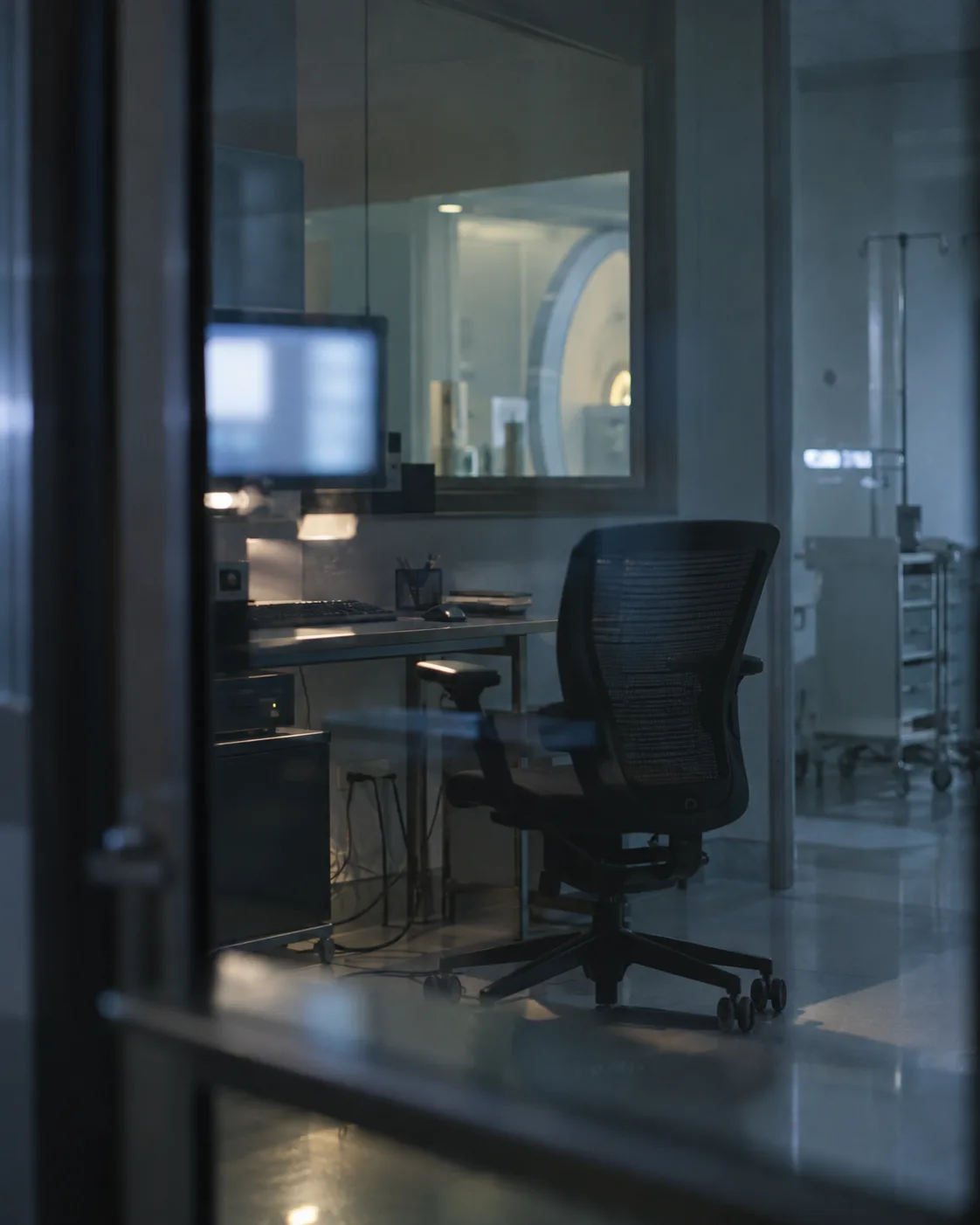 Empty diagnostic review room behind reflective glass