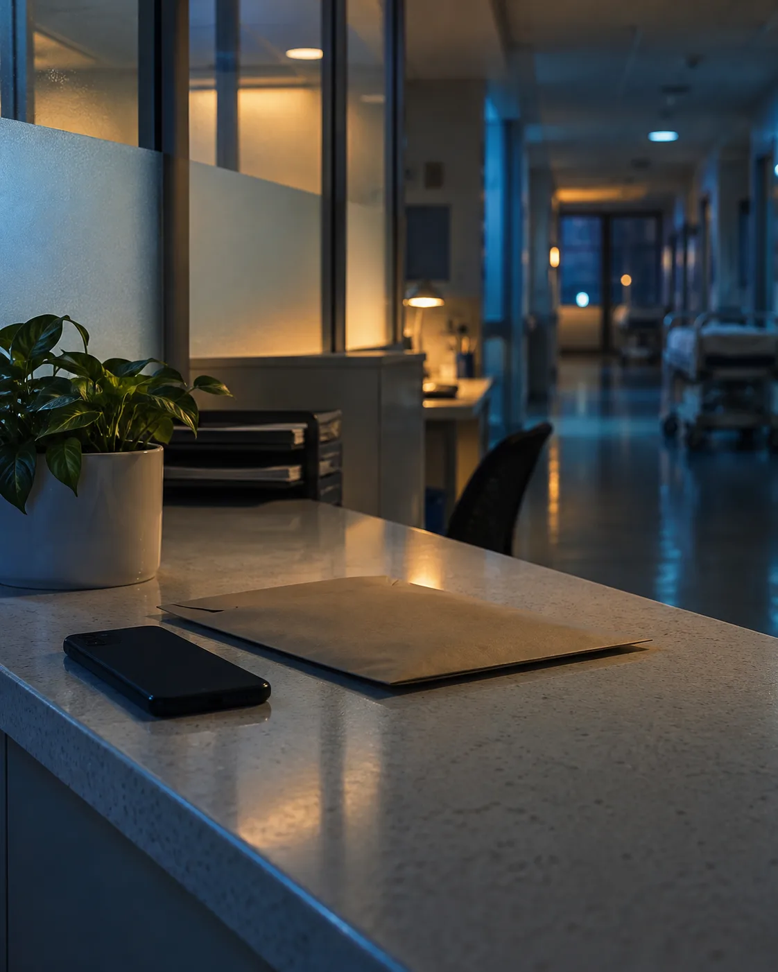 Face-down phone and sealed envelope on a quiet nurses' station counter