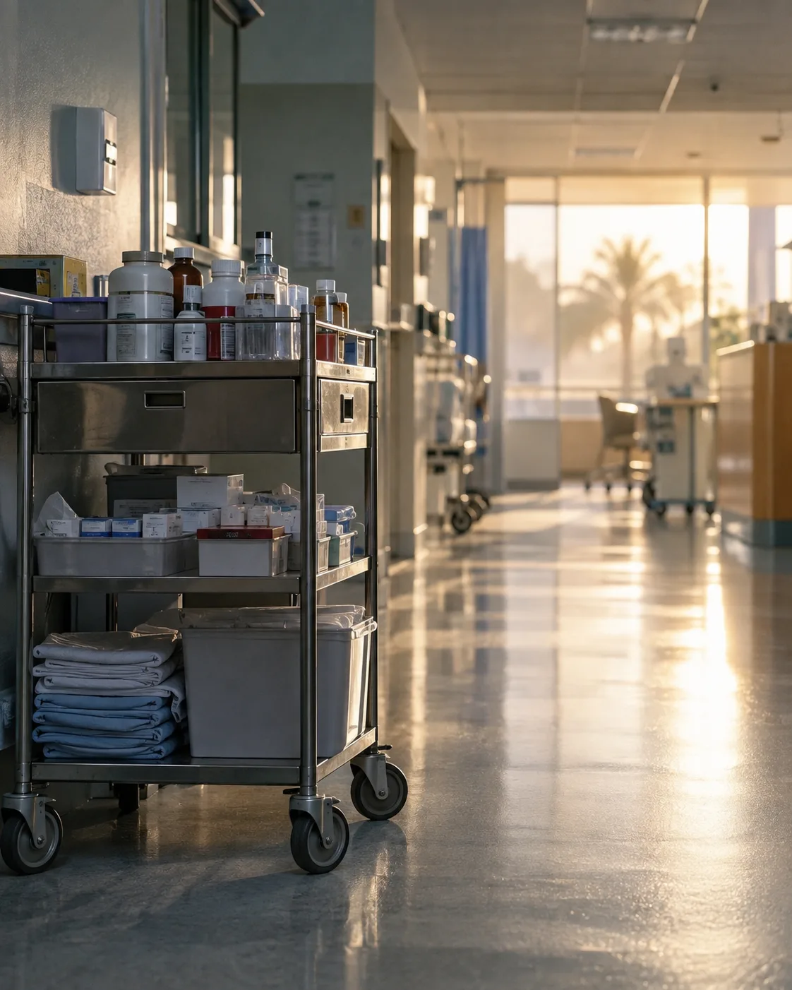 Medication trolley in a softly lit hospital ward corridor