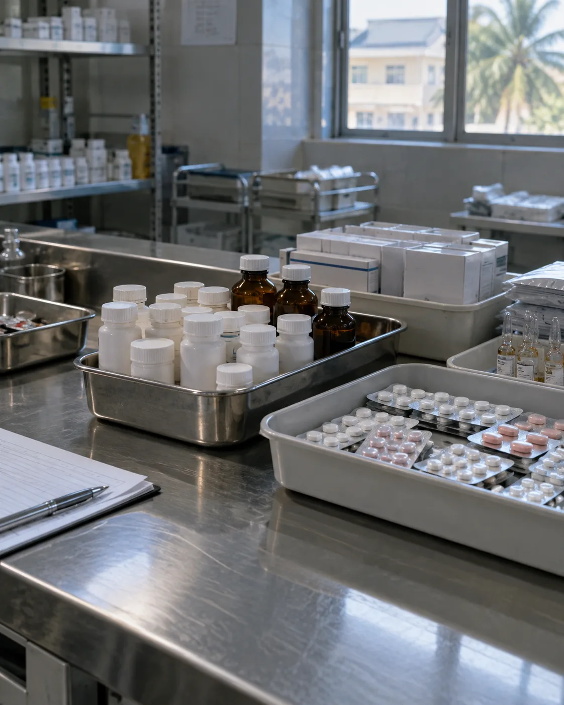 Plain medicine packs separated into dispensing trays on a steel worktop