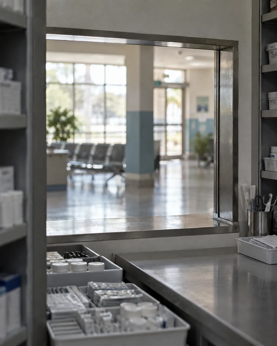 Dispensing trays beside an empty hospital pharmacy pass-through