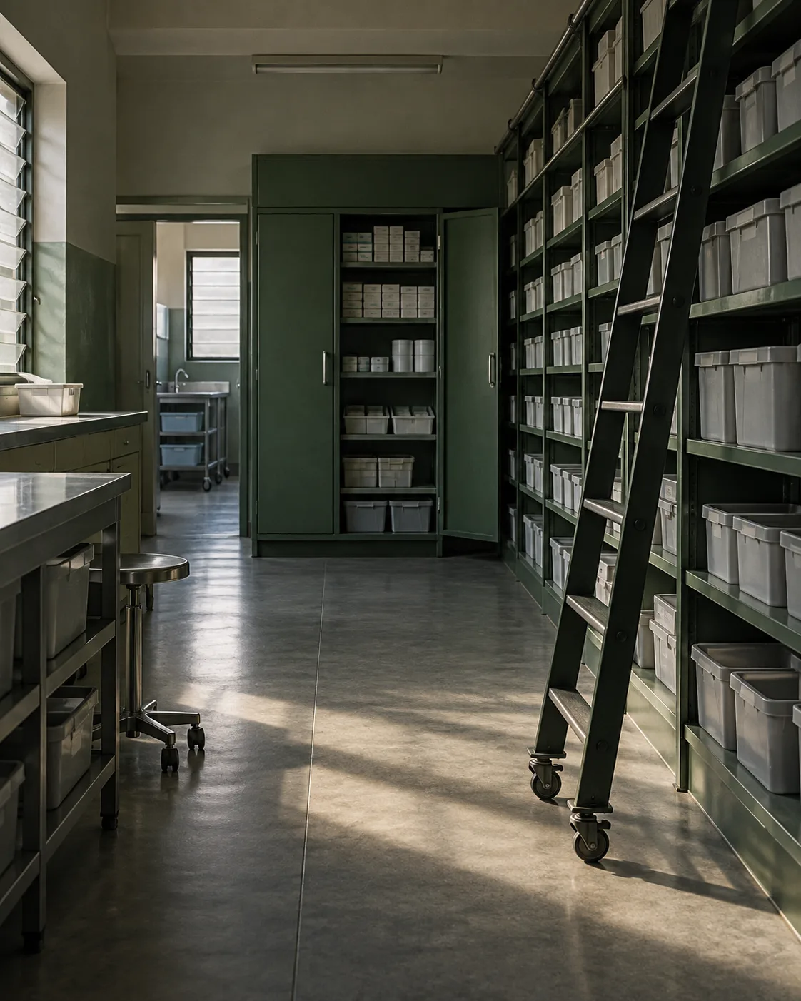 Organised hospital pharmacy storeroom with unlabeled shelves and cabinets